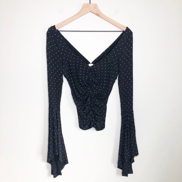 Free People What A Babe Top Long Flare Bell Sleeves Ruching Boho 70s Funky Retro - Picture 4 of 12